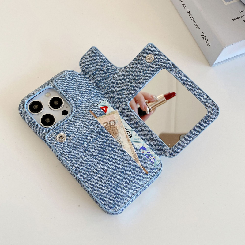Mobile phone case Suitable for iPhone15 mobile phone case, Apple 14 denim pattern two-fold card beauty mirror ring buckle mobile phone case_voghion.com