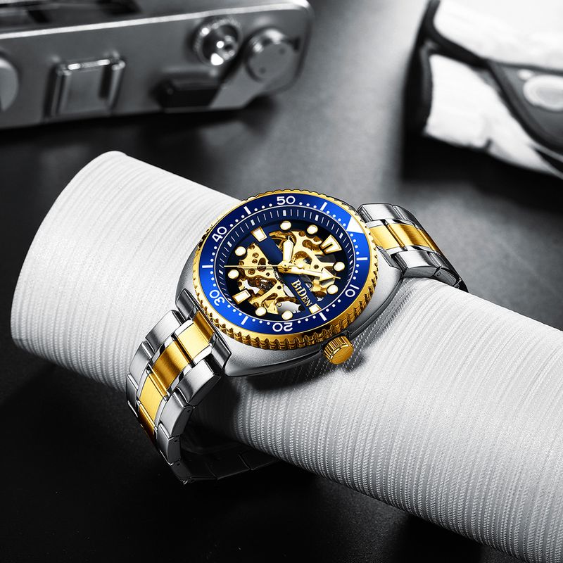 Montre mécanique classique BIDEN pour homme, marque de luxe, automatique, lunette rotative, cadran lumineux, livrée avec un écrin_voghion.com
