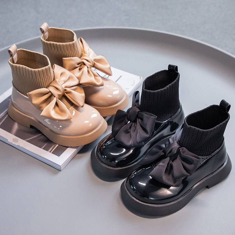 Kids' shoes socks boots autumn and winter new bowknot bright leather mid tube short boots girls boots medium and large children princess cotton boots_voghion.com