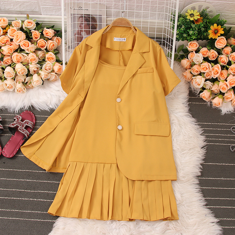 Ensemble deux pièces pour femme, tenue décontractée, légère, avec veste et robe plissée, nouvelle collection été_voghion.com