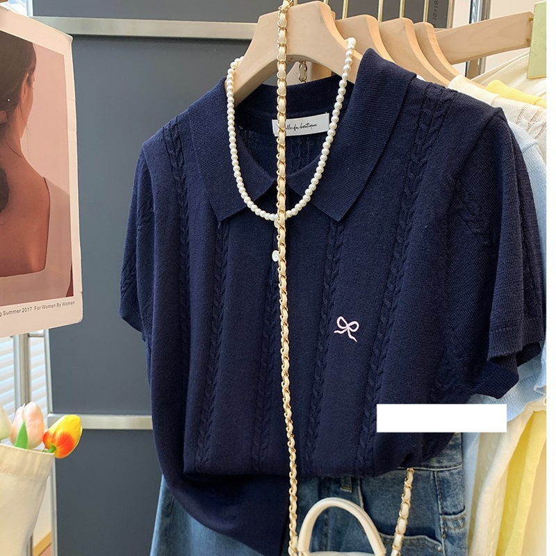 Women's Clothing Summer Ice Silk Short Sleeved Knitted Sweater For Women New Bow Embroidery Lapel Polo Shirt Chic Top_voghion.com