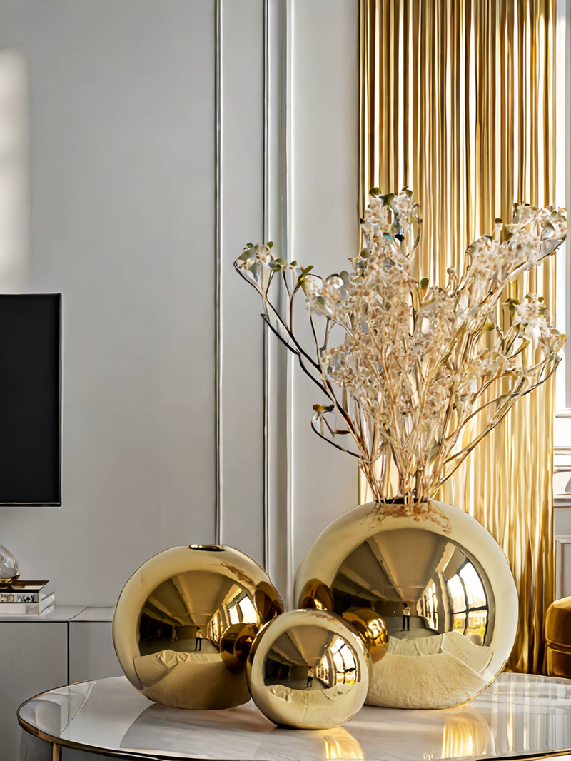Un vaso sferico dorato di lusso, leggero, adatto per soggiorno, studio, scrivania, decorazione dell'ingresso, fiori freschi in vaso_voghion.com