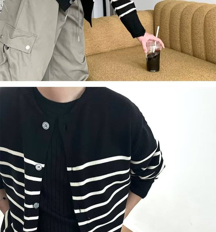 Gestreifte Unisex-Strickjacke mit Knopfleiste – Übergroßer, lässiger Pullover mit langen Ärmeln und offener Vorderseite für Männer und Frauen_voghion.com