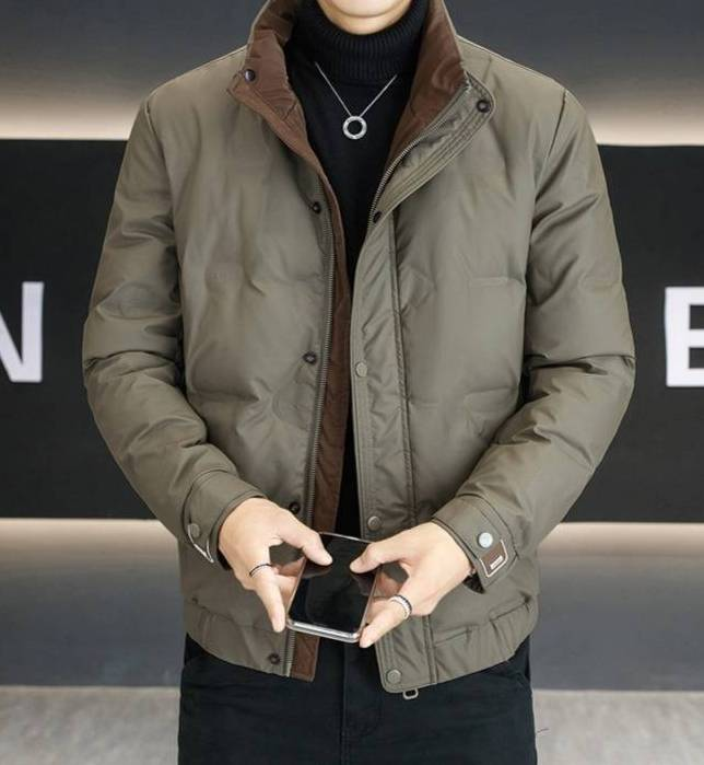 Herrenbekleidung Leichte Daunenjacke für Herren mit Stehkragen – Wasserdichter, winddichter Wintermantel für Business Casual (Schwarz, Khakigrün)_voghion.com