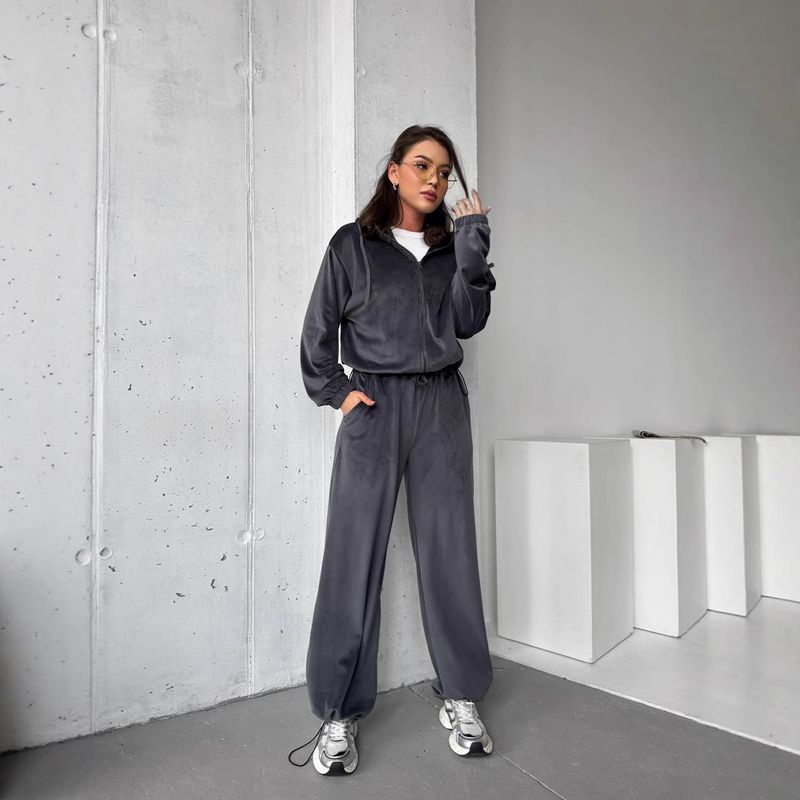 Urban Streetwear Hooded Sweatshirt & Jogger Pants Set For Women - Soft Fleece Two-Piece Outfit With Adjustable Waistband (Coffee, Gray, Beige) S-XXL_voghion.com