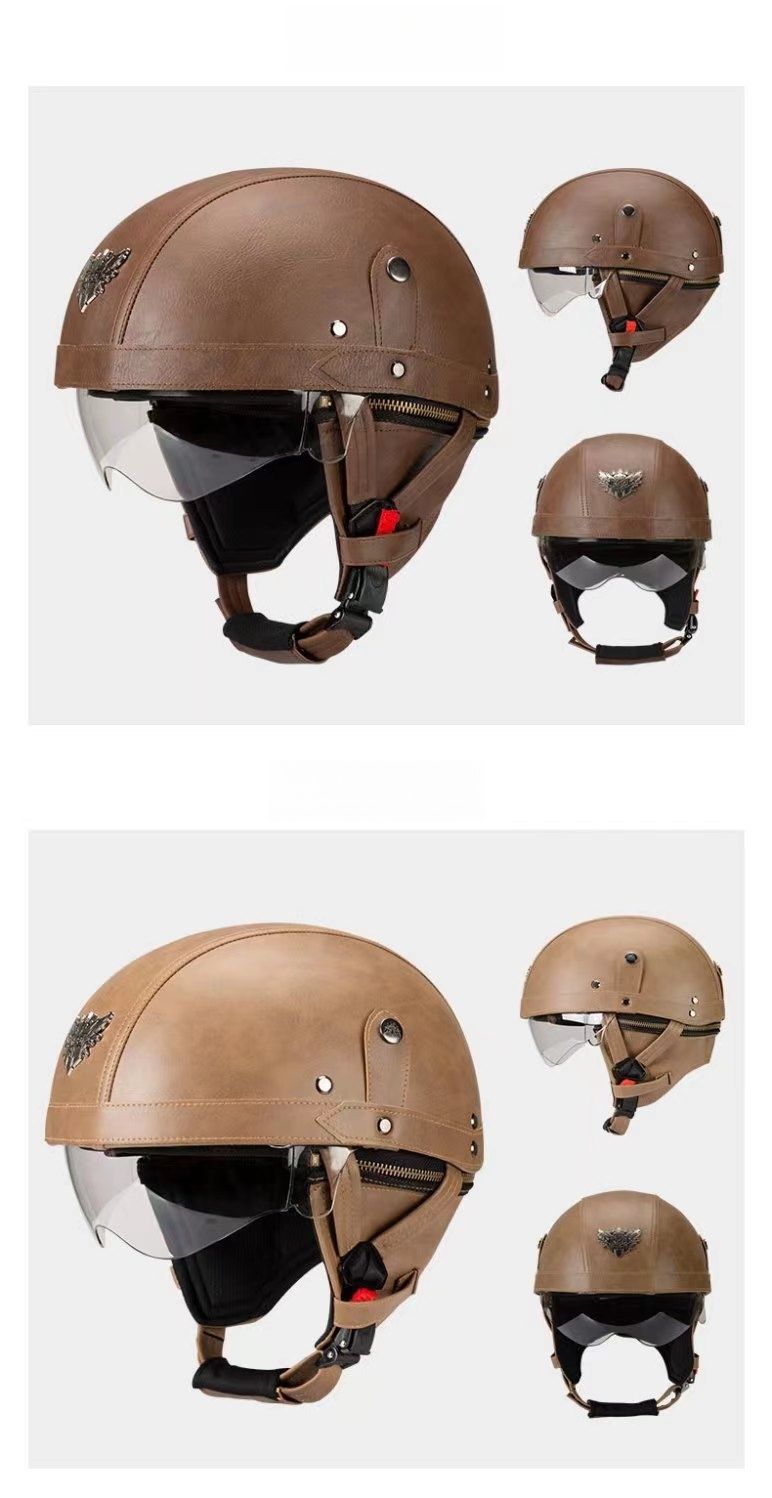 3C Certified Motorcycle Half Helmet – Retro Cruiser ABS Shell With Interchangeable Lenses (Black/White/Brown/Pink) – Handcrafted Leather_voghion.com