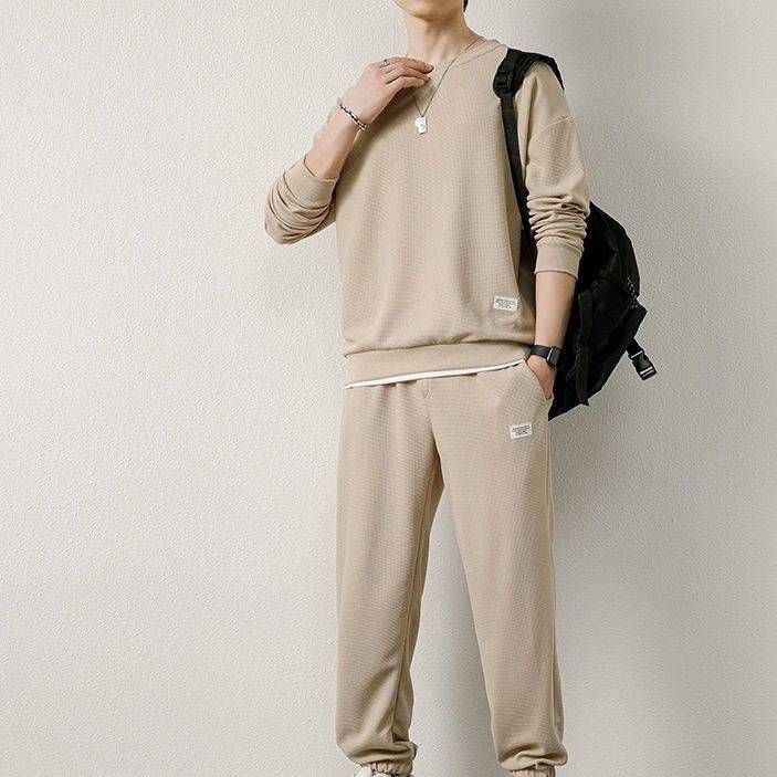 Conjunto de dos piezas para hombre en tejido gofrado: manga larga, cuello redondo y pantalón deportivo (8 colores, 7 tallas), transpirable, de mezcla de algodón._voghion.com