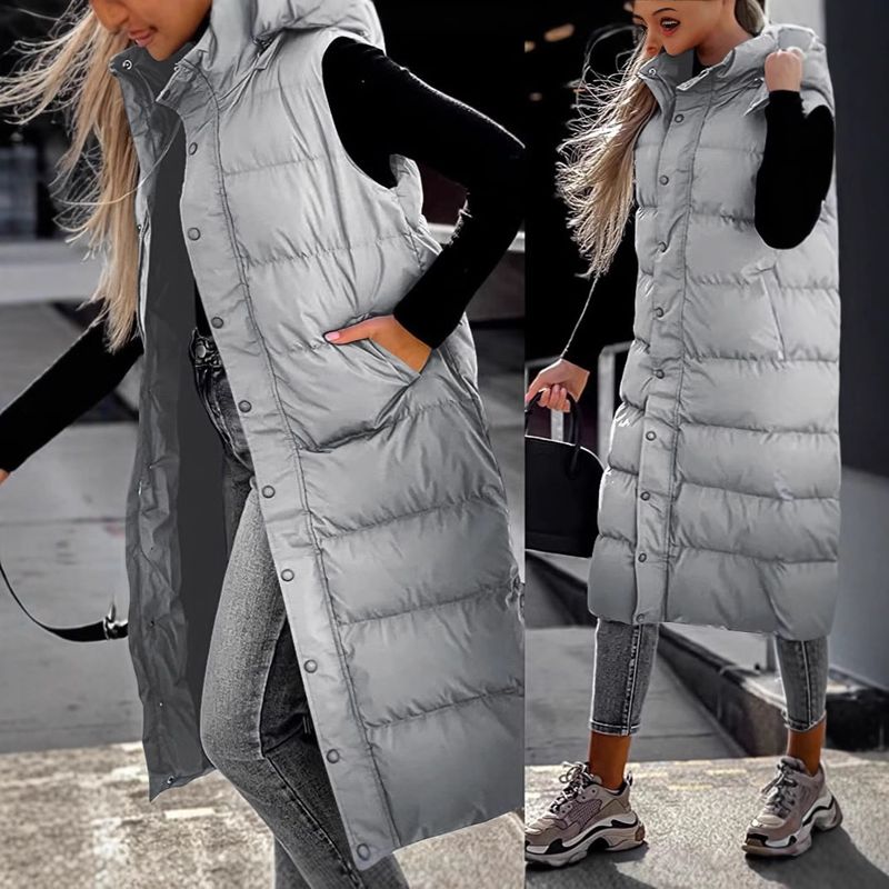 Gilet léger à capuche pour femme, veste longue sans manches avec fermeture éclair sur le devant, vêtement décontracté toutes saisons (blanc, rose, vert)_voghion.com