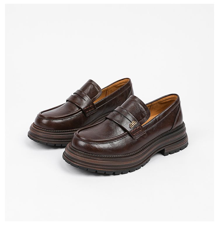 Women's Thick-Soled Loafers Spring 2025 New Genuine Soft Bottom Chunky Heel Lazy Slip-on Single-Layer British Style_voghion.com