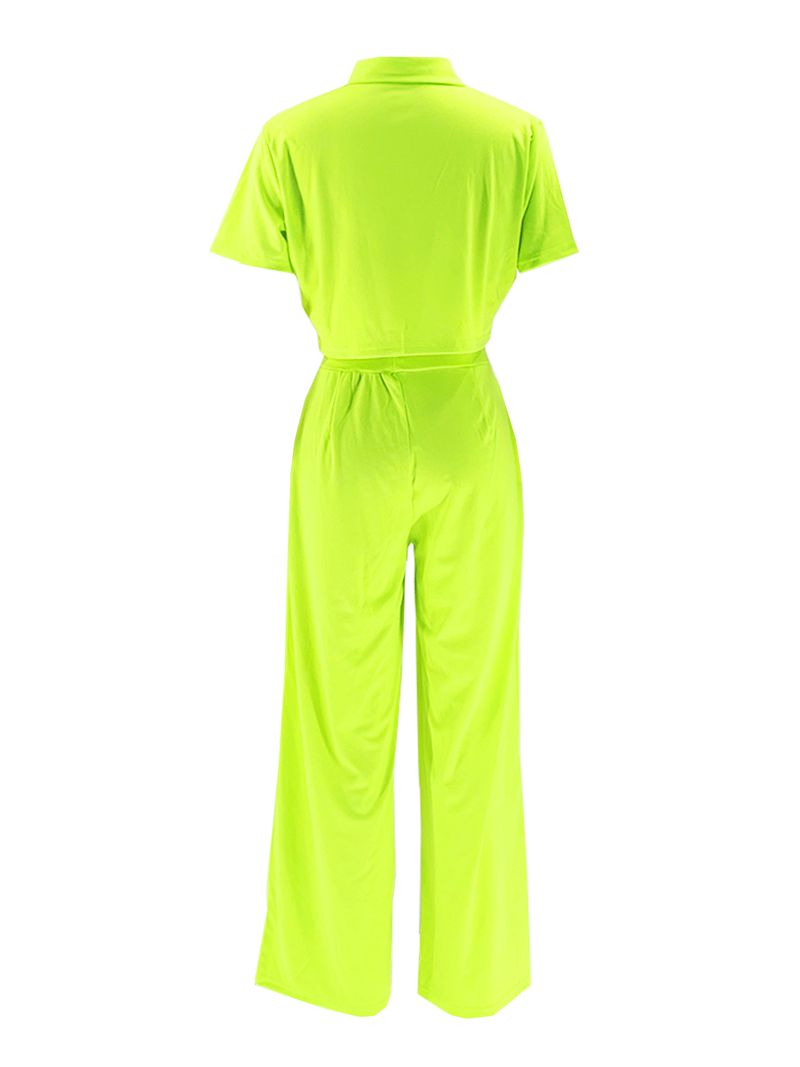 Damenbekleidung Sommermode Revers Kurzarm Hohe Taille Weite Beinhose Modeanzug_voghion.com