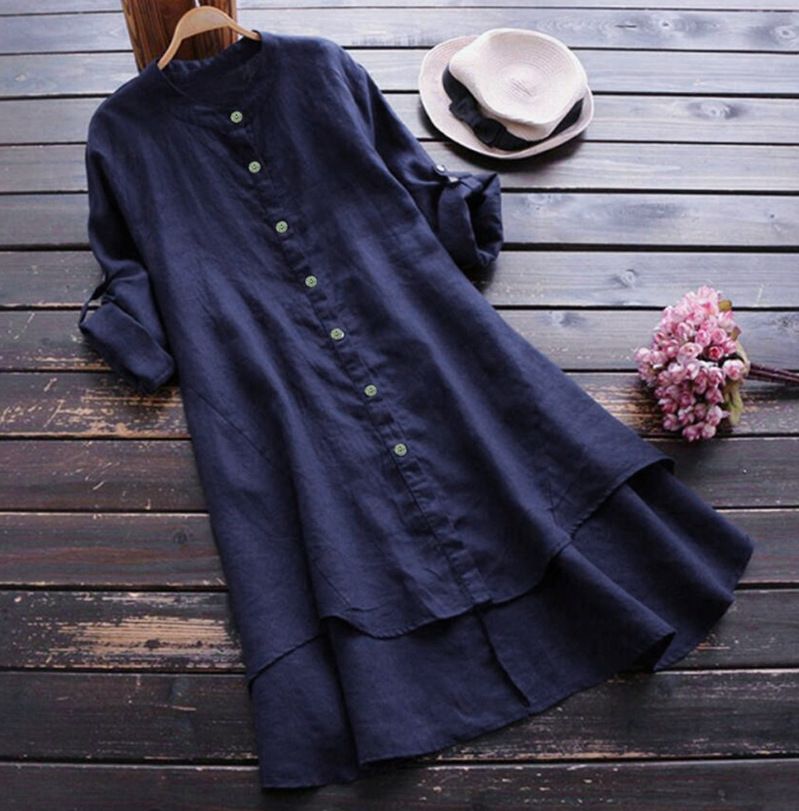 Women's Clothing Spring And Summer Solid Color Button Cotton And Linen Long Sleeve Long Shirt_voghion.com
