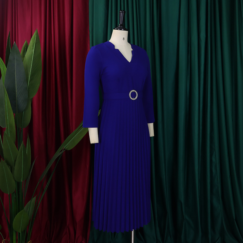 Damen 2024 Herbst neues V-Ausschnitt modisches Temperament elegantes Faltenrockkleid_voghion.com