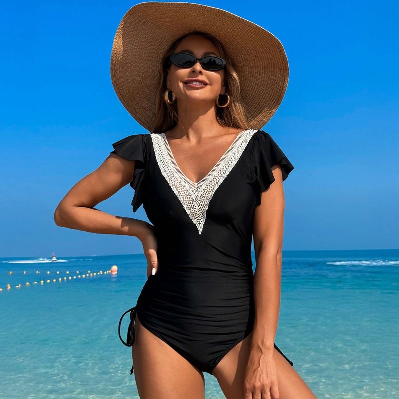 Costum de baie pentru femei, din nailon, simplu, cu mâneci scurte, dintr-o singură piesă_voghion.com