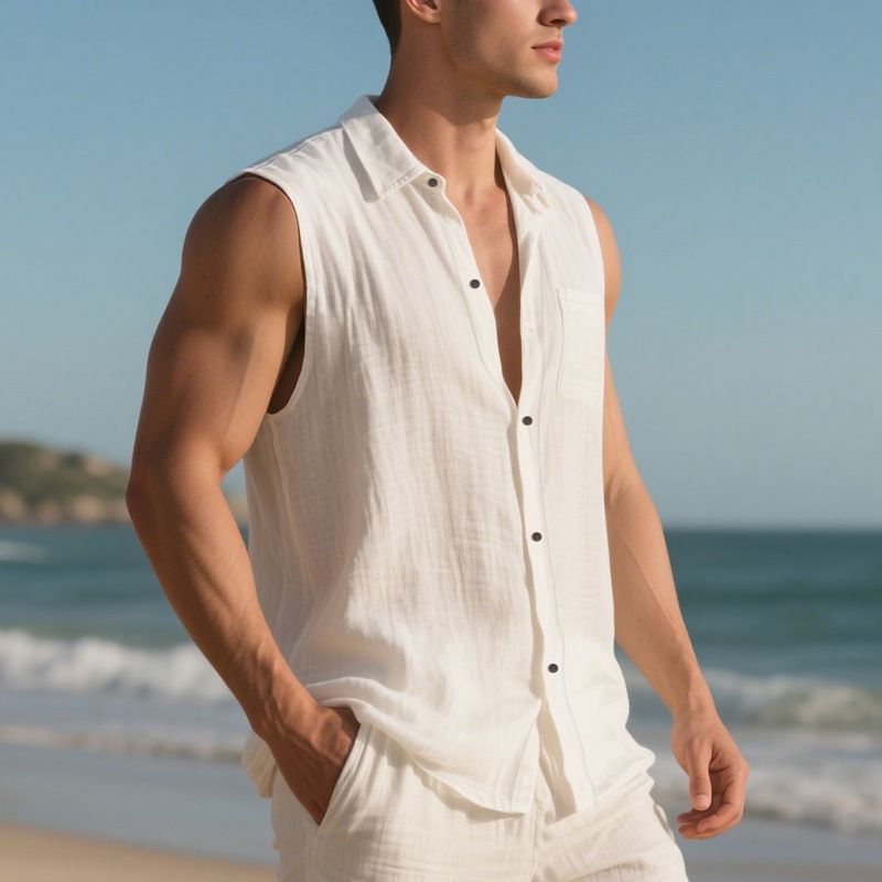 Mode Turn-Down-Kragen Herren Sommer Neue Lose Leinen Einfache Casual Ärmellose Strickjacke Strand Hemd_voghion.com