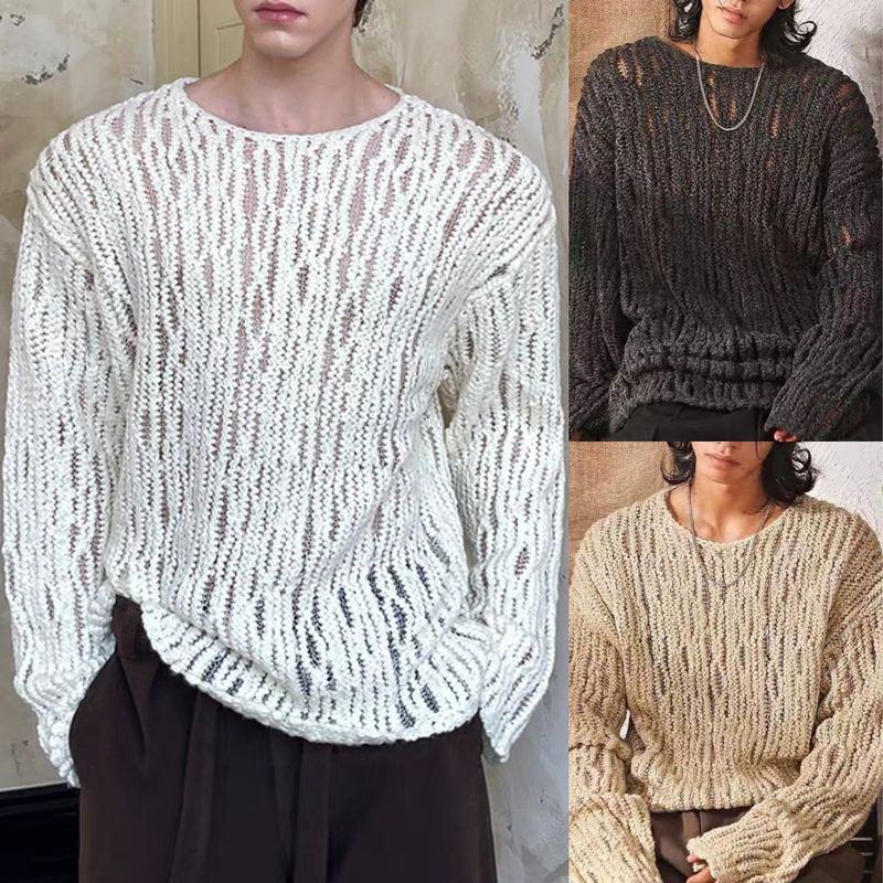 Men's Clothing Menswear Autumn New Stretch Hollow Slightly See Through Sweater Men's Long Sleeve Loose Versatile Sweater Men's_voghion.com