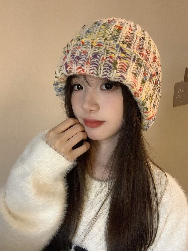 Herbst und Winter Regenbogenbohnen süße süße Mädchen Strickmütze weiblicher großer Kopfumfang Flormütze warmer Ohrenschutz Wollmütze_voghion.com