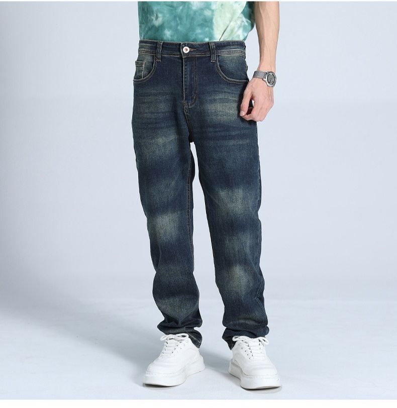 Trendy American Heavy Industry Washed und Used Jeans für Herren, locker und elastisch, Horse Willow Straight Leg Pants, Street Commuter Jeans_voghion.com