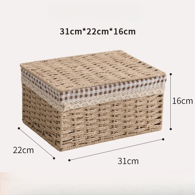 Handwoven Desktop Snack Miscellaneous Organizer Basket Pastoral With Lid Storage Box Rattan Japanese Style Grid_voghion.com