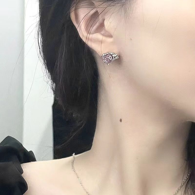 Girl Circon Temperament Female Pink Prstan Niche Design High End Sweet Cool Wind Lava Irregular Love Set_voghion.com