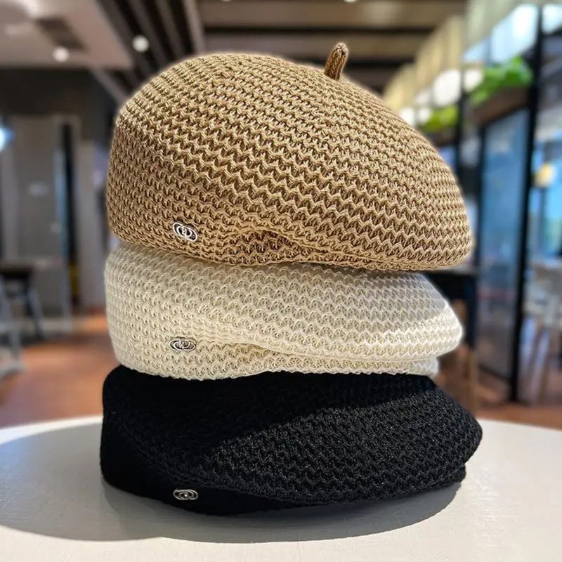 New Arrivals 2024 Women Summer Thin Bere Versaile Sereoypes Pleaed Design Breahable Kni Paperboy Cap Aris Fashion Painer_voghion.com