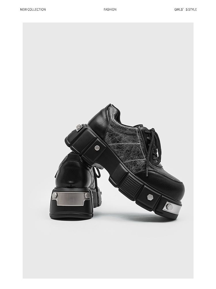 Paris 7 cm dicke Sohle, Erhöhung des großen Kopfes, Derby-Schuhe, dicke Sohle, runder Kopf, kleine Lederschuhe, Metall, Retro-Muffin-Papa-Schuhe_voghion.com