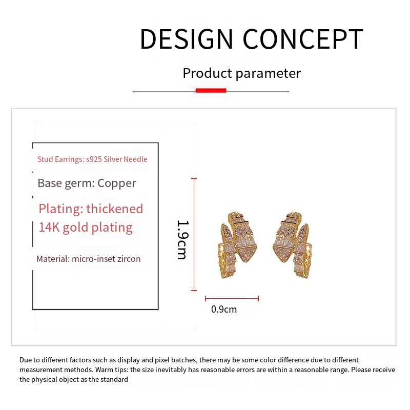 Designer zircon snake-shaped small earring personality niche design geometric studs light luxury high sense earring girls_voghion.com