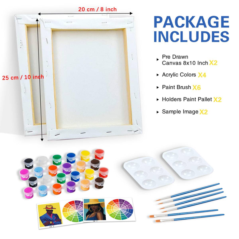 2pcs With Framed Paint Kit Pre Drawn Canvas For Painting For Adults Stretched Canvas Colorful Women Couple Paint Party Diy Gift 20x25cm/8x10inch_voghion.com
