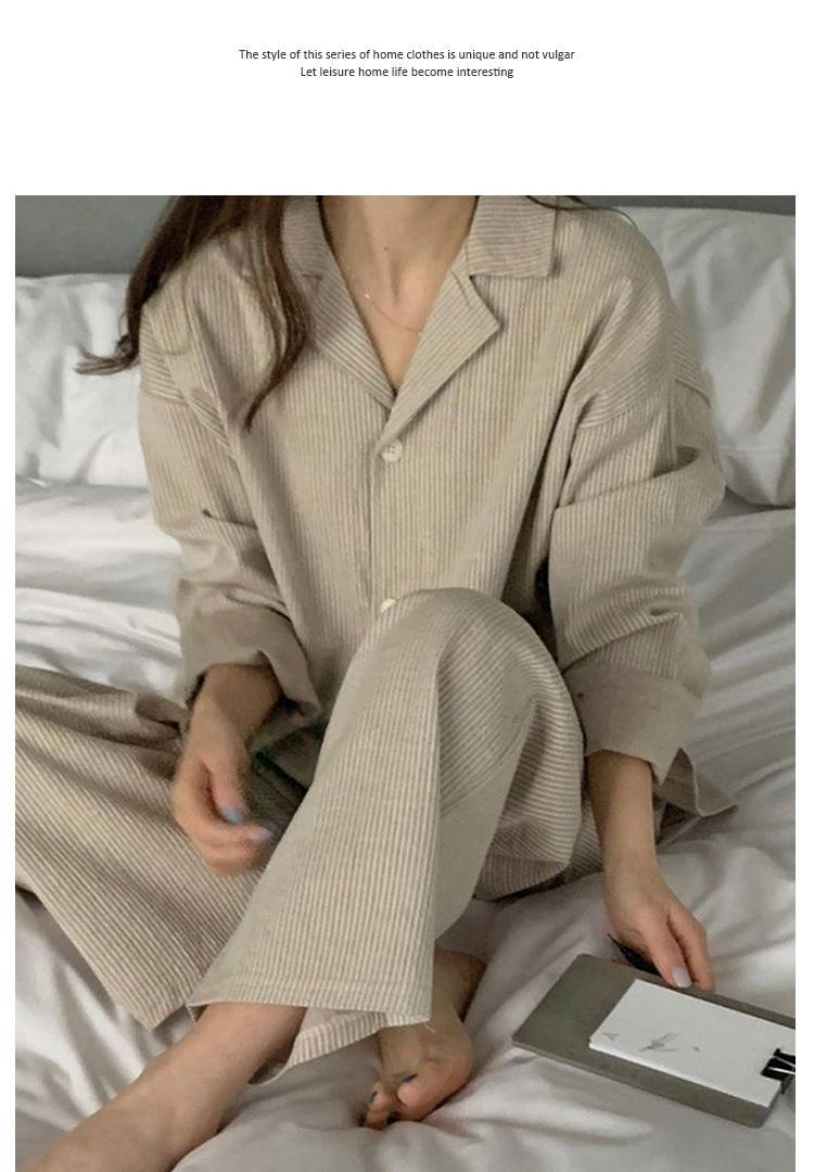 Pyjama à manches longues à rayures simples de style français Ins 2025 pour filles, ensemble de vêtements de détente décontractés et amples_voghion.com