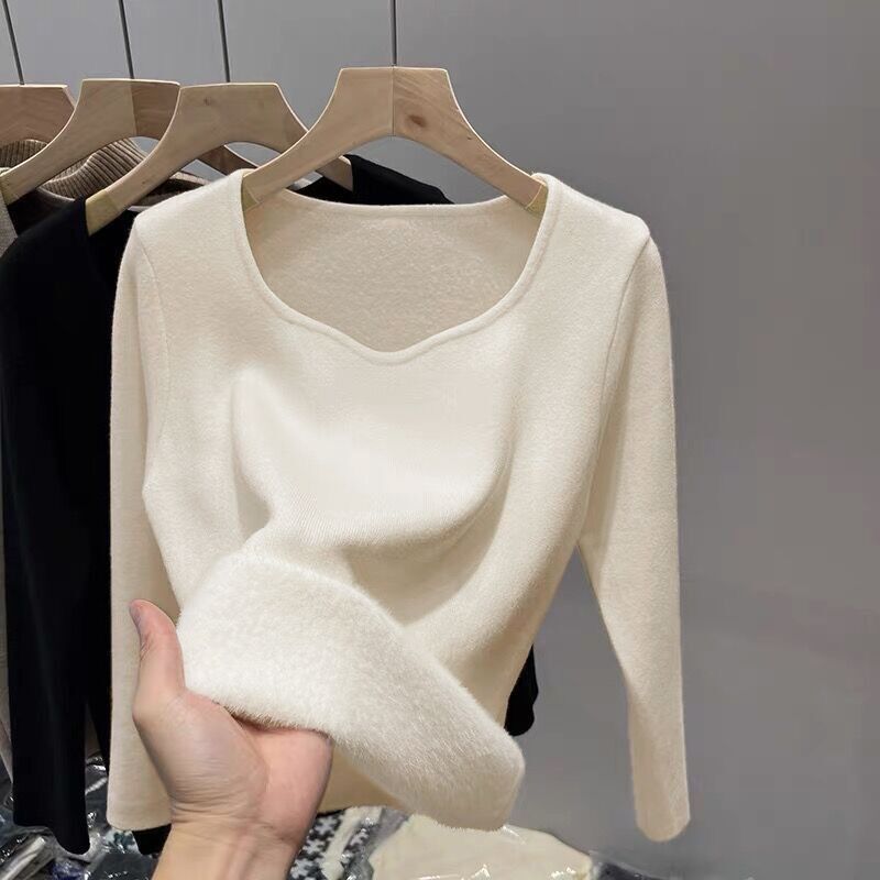 Women's Fleece-Lined Knit Sweater Thermal V-Neck Base Layer Winter Warm Turtleneck Pullover Soft Comfy Casual Slim Fit Long Sleeve Top_voghion.com