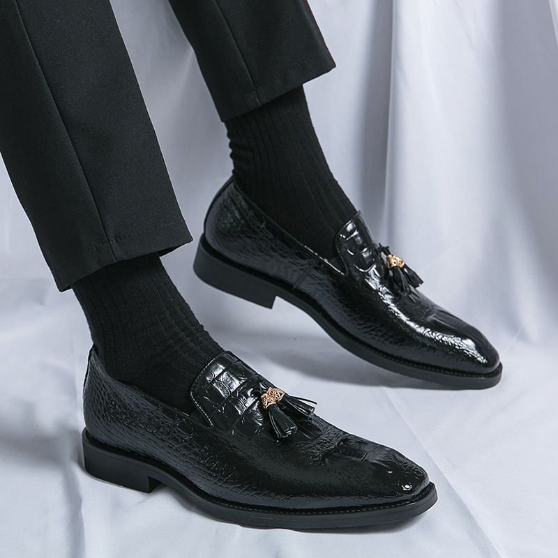 Oversized Slip-on Leather W Fringed Feet Loafers British Men's Crocodile Print Business Casual Bean Shoes_voghion.com