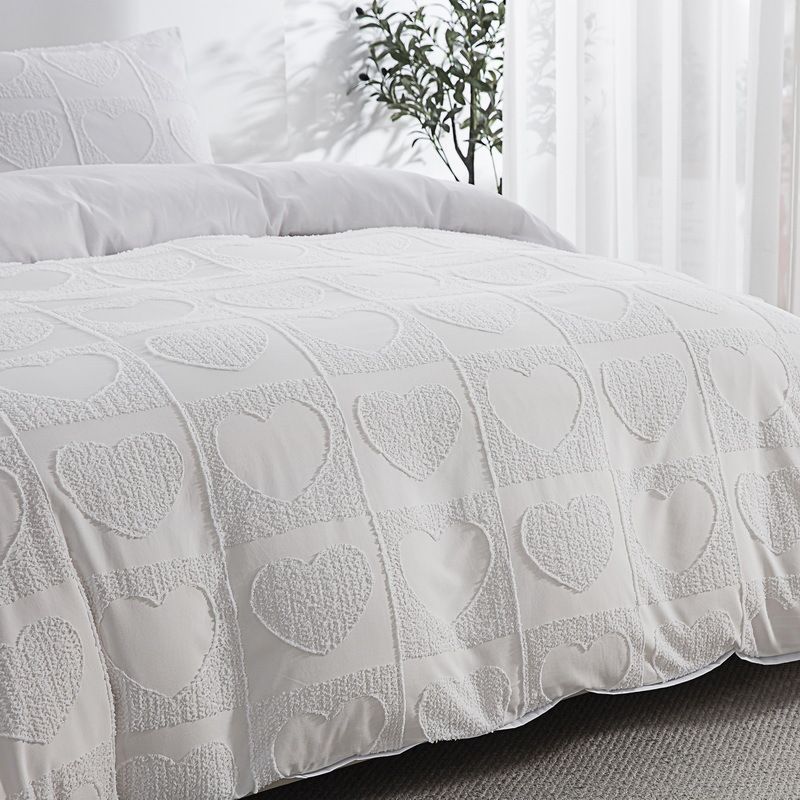 Set copripiumino di lusso in flanella con motivo a cuore romantico, bianco neve, 3 pezzi, tessuto spazzolato ultra morbido_voghion.com