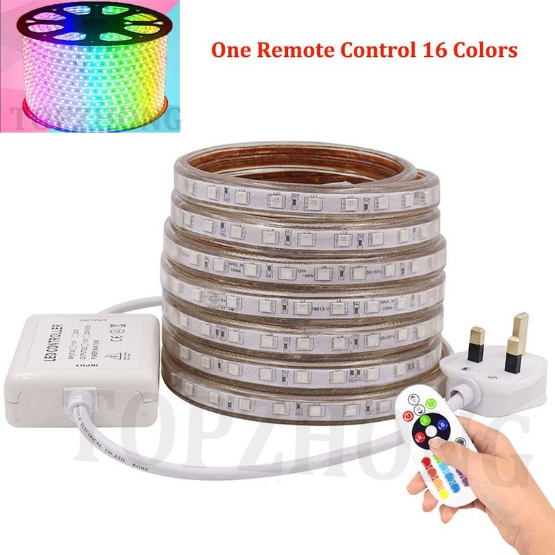 Dimmable 5050 SMD RGB LED Strip Rope Tape 220V Waterproof IP67 UK Plug + Remote_voghion.com