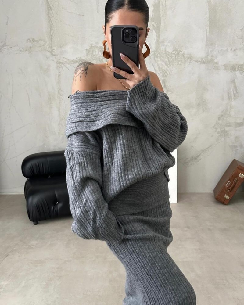 Women's Clothing One Shoulder Slim Loose Solid Color Knitted Sweater Two piece Set Long Sleeve_voghion.com