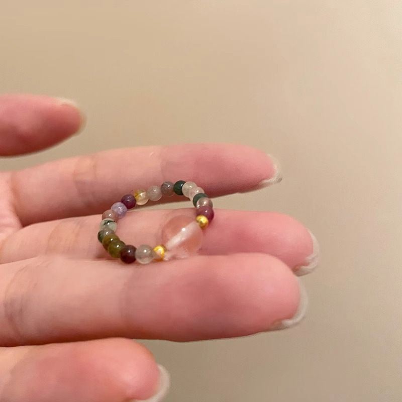 Turmalin Perle Naturstein für Frauen Sommer Nischendesign Zeigefinger bunt Perlen Silber Fragment Ring_voghion.com
