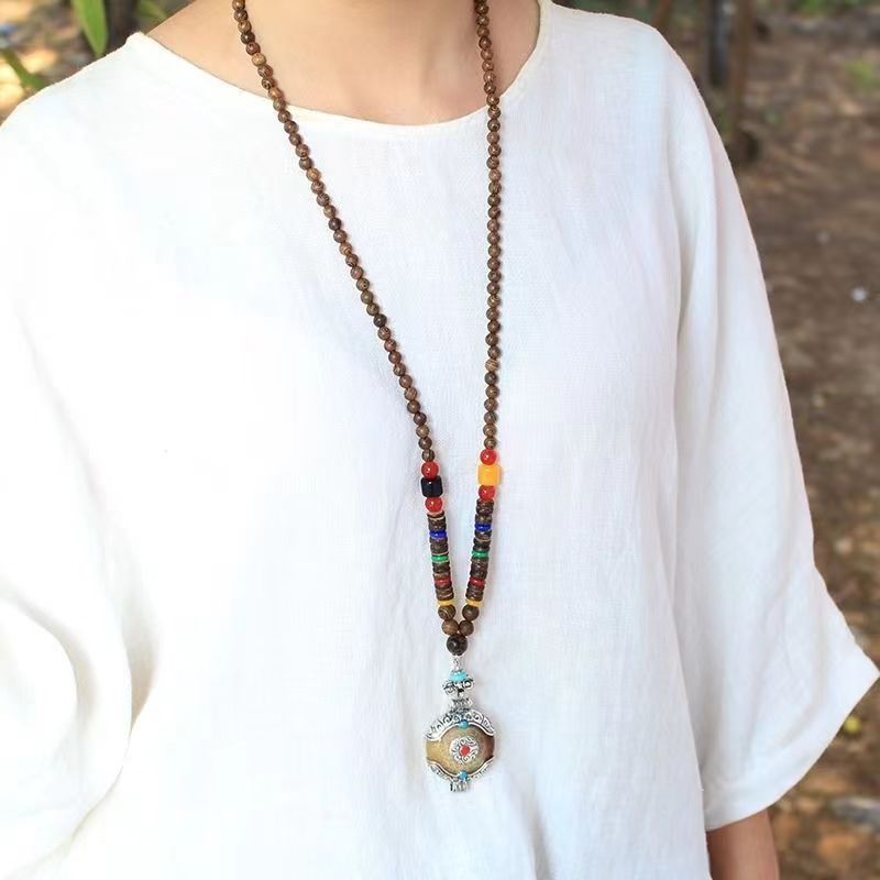 Collana di gioielli tibetani versatile da uomo e da donna in stile etnico retrò, lunga catena per maglioni, nuovi accessori in legno da viaggio_voghion.com