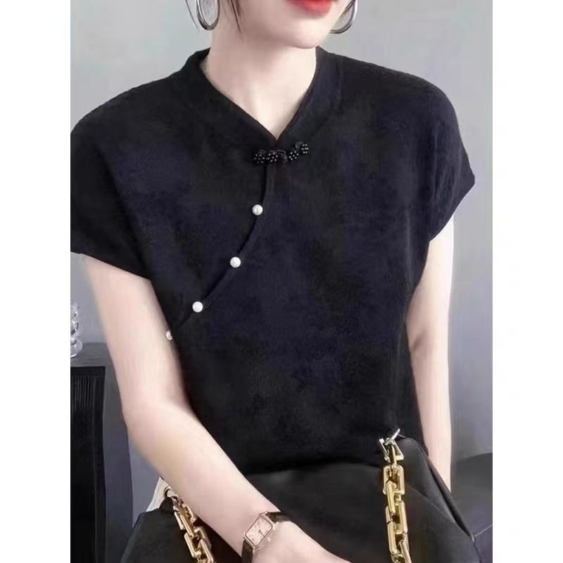 Nouveau pull tricoté boutonné de style occidental de style chinois polyvalent à manches courtes avec base jacquard chic_voghion.com