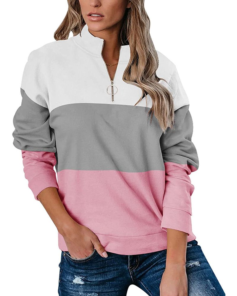 Herbst und Winter Neue Damenbekleidung Farbkontrastnähte Reißverschluss Langarm Stehkragen T-Shirt Sweatshirt_voghion.com