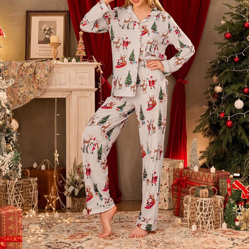 Autumn And Winter Women's Loungewear Christmas Printing Long-sleeved Trousers Cardigan Lapel Pajamas Casual And Comfortable_voghion.com