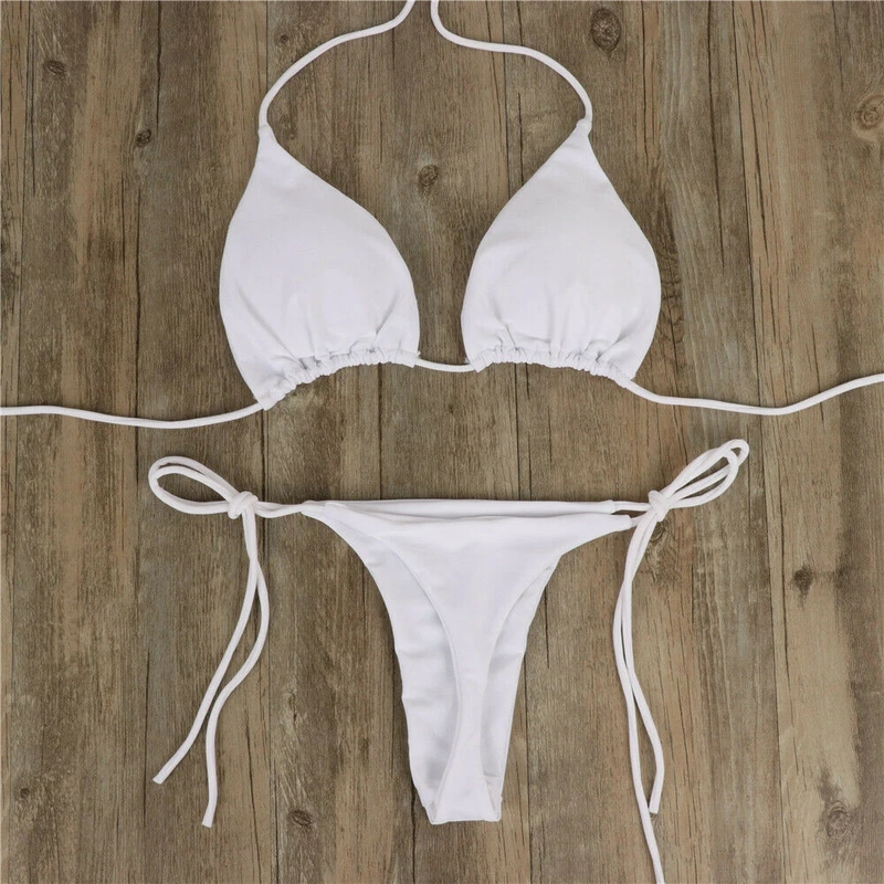 Kadın Tanga Bikini Yan Bağcıklı Seksi Bandaj Stil Brezilya Mayo Boyun Askılı Düz Renk Ayarlanabilir Mayo Takımı_voghion.com