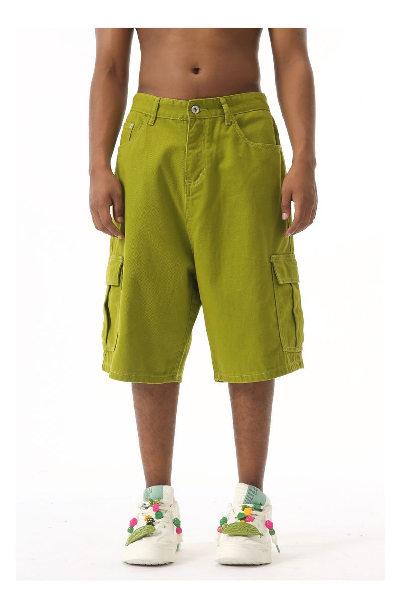 EF JEANS | 2024 Sommer Neue amerikanische Straße Einfache Fruchtgrüne Overalls mit großen Taschen Fünf-Punkt-Hose für Männer und Frauen_voghion.com