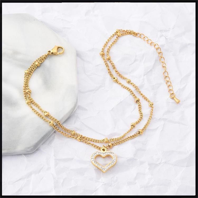 Tornozeleira de aço titânio com corrente de contas de camada dupla, joia fashion, tornozeleira de zircônia Sweet Love, tornozeleira estilo praia para mulheres_voghion.com