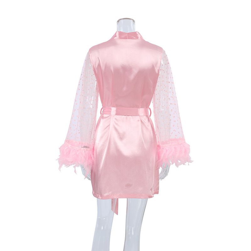 Women's Sleepwears Summer New Simulation Silk Fashion Breathable Pink Feather Mesh Short Nightgown Ladies Home Clothes_voghion.com