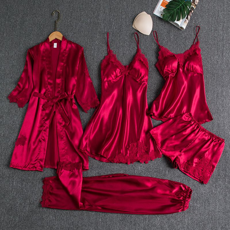 Women's Sleepwears Women Summer Ice Silk Sexy Hot Home Clothes Spring And Autumn Long Sleeve Thin Large Size Cross Border Five Piece Suit Bathrobe_voghion.com