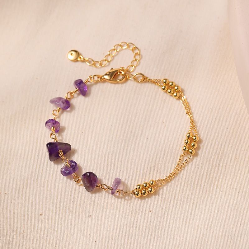 Contas de sorte com design de emenda de cascalho de cristal natural roxo corrente de bola K pulseira banhada a ouro real_voghion.com