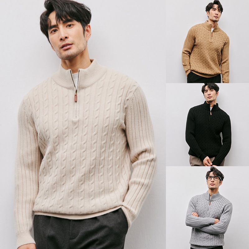 Half-Zip Knitted Sweater For Men, Cable Knit Stand Collar, Autumn Winter Outerwear, Light Style, Business Casual_voghion.com