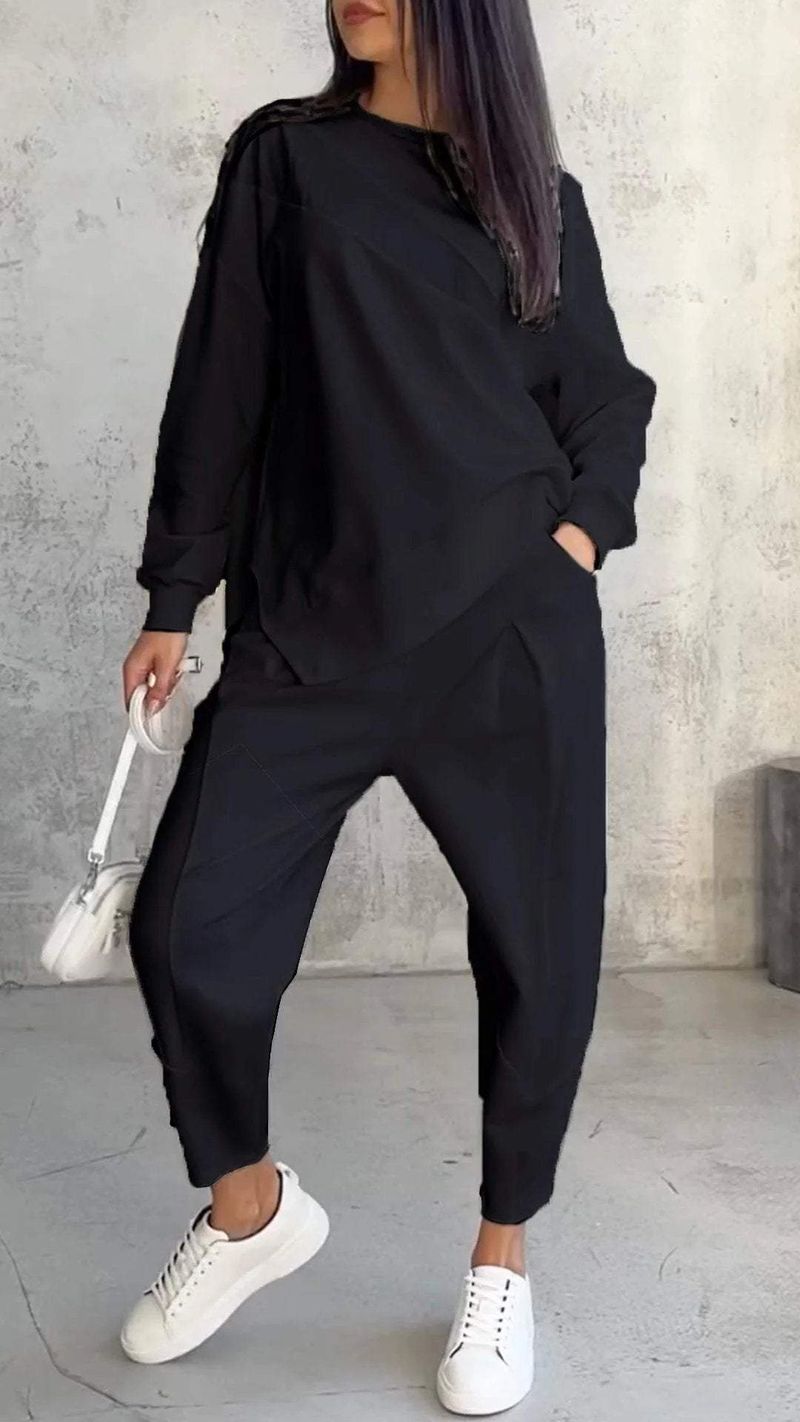 Women's Oversized Drop-Shoulder Sweatshirt & Jogger Set – Streetwear Lounge Wear With Asymmetrical Hem_voghion.com