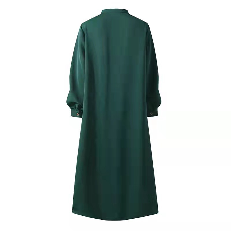 Damenkleid, einfarbig, Langarm, Tasche, Button-Down-Hemdkleid, lässige Robe_voghion.com