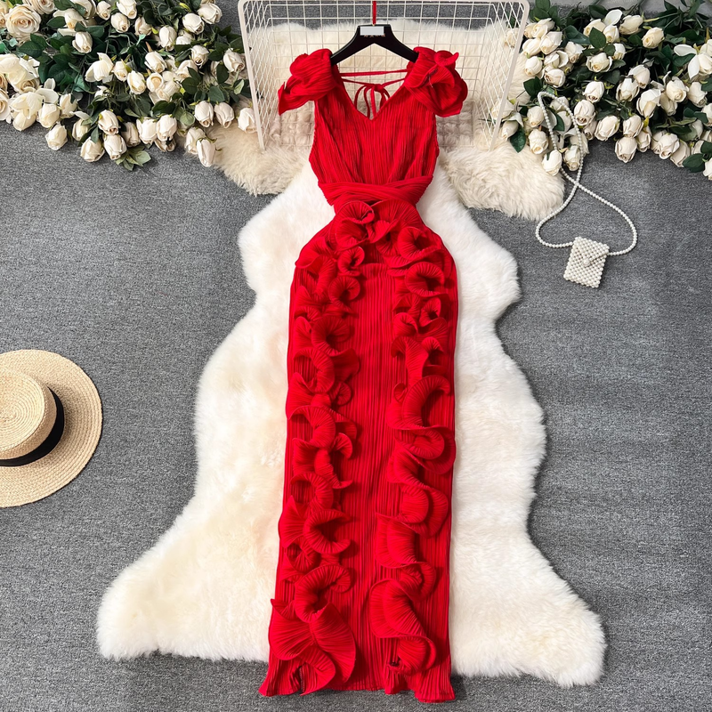 Damenbekleidung High-End-Kleid High-End-Licht Luxus Nische plissiert dreidimensionale Rüschen schlank lange Temperament Kleid für Frauen_voghion.com