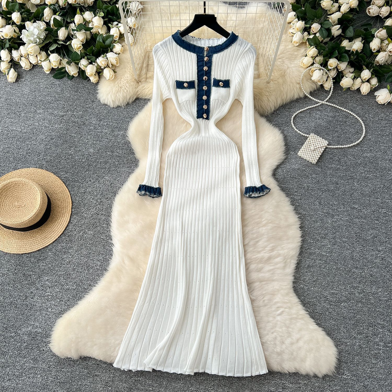 Damenbekleidung Herbst und Winter Strickkleid im neuen Stil Mittellanges, langärmliges Denim-Nähte-Strickkleid in A-Linie_voghion.com