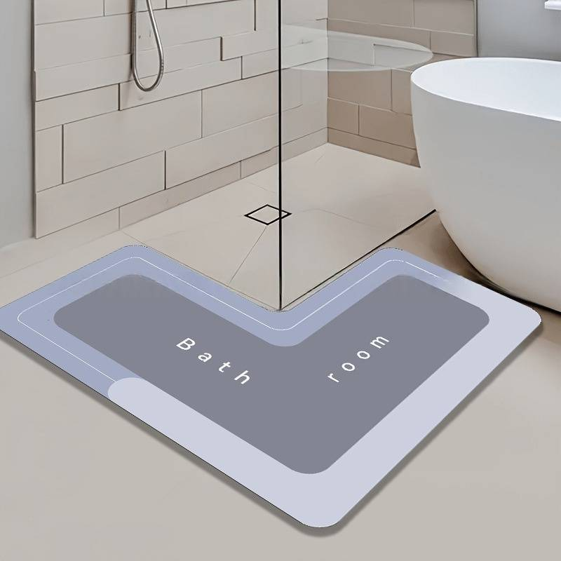 Tapis de bain en diatomite - Tapis de sol absorbant antidérapant en forme de L pour coin de douche (grand format, découpable, séchage rapide, imperméable, 32" x 24")_voghion.com